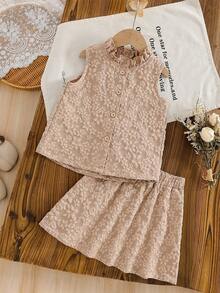 Young Girl Mandarin Collar Jacquard Sleeveless Shirt Top And Mini Skirt Vacation Outfit Set - Brown - View 3