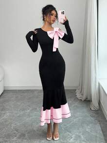 Elenzga Women's Contrast Color Bow Tie Long Sleeve Dress - Pink - View 5