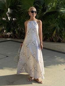 DAZY Đầm maxi không tay in hoa, thắt eo, trang phục nghỉ dưỡng thanh lịch dành cho nữ, đầm maxi mùa xuân/hè. - Màu be - Xem 4