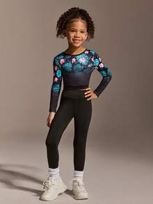 SHEIN Ensemble de survêtement pour jeunes filles, pantalon à manches longues avec motif noir. Tenue de sport ajustée, à la mode, en tissu haute élasticité. Convient pour le cyclisme, le jogging et les jeux de ballon en extérieur. - Noir - Voir 1