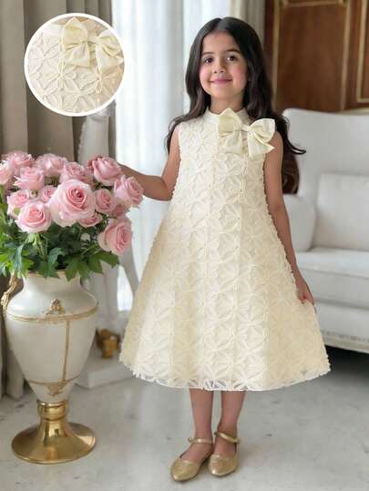 这款梦幻公主风浅蜜桃色连衣裙，采用质感丰富的3D蕾丝面料，蓬松层叠的设计，搭配高领和白色蝴蝶结装饰，镂空花卉刺绣细节，不对称下摆更添动感俏皮，宽松的连体连衣裙，轻盈透气，适合春夏穿着，可用于生日派对、儿童派对、公主主题活动和休闲外出等场合。