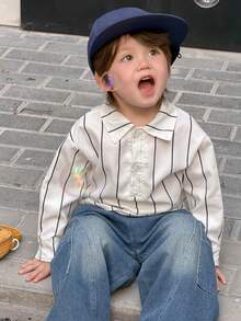 DAZY 男童长袖休闲条纹衬衫，时尚可爱夏季畅销款 - 白色 - 查看 2