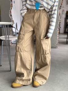 DAZY Quần jeans nữ ống đứng dáng rộng, cạp универсальный, có túi trang trí, kiểu dáng đường phố thường ngày. - Màu Khaki - Xem 7