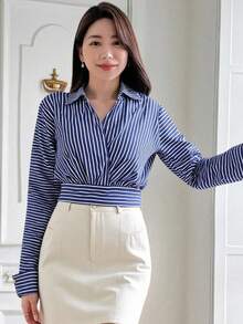 DAZY Women's Elegant Striped Collared Shirt, Autumn - Blue - View 5
