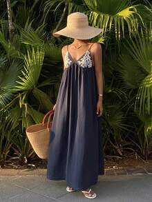 Livesso Vestido sin mangas con parches y bordados para mujeres, adecuado para vacaciones de verano, atuendo de crucero para mujeres, vestido de verano - Azul Marino - Ver 6