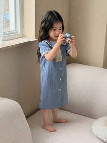 DAZY Baby Girl Summer Plaid Print Peter Pan Collar Contrast Lace Puff Sleeve Loose Nightgown - Blue - View 4