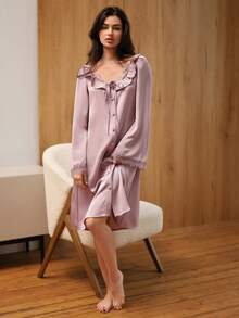 DAZY Romantic Satin & Lace Patchwork Ruffle Hem Women Nightgown - Pink - View 5