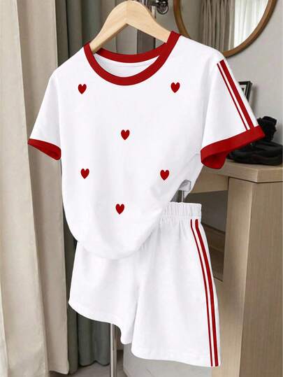 Set de 2 piezas de camiseta de manga corta con estampado de corazón y shorts a rayas, informal para adolescentes, cómodo y versátil para primavera, verano y otoño