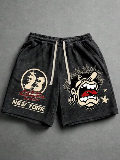 Manfinity EMRG Men's Exaggerated Portrait & Number 23 New York Slogan Graphic Print Casual Sports Drawstring Shorts