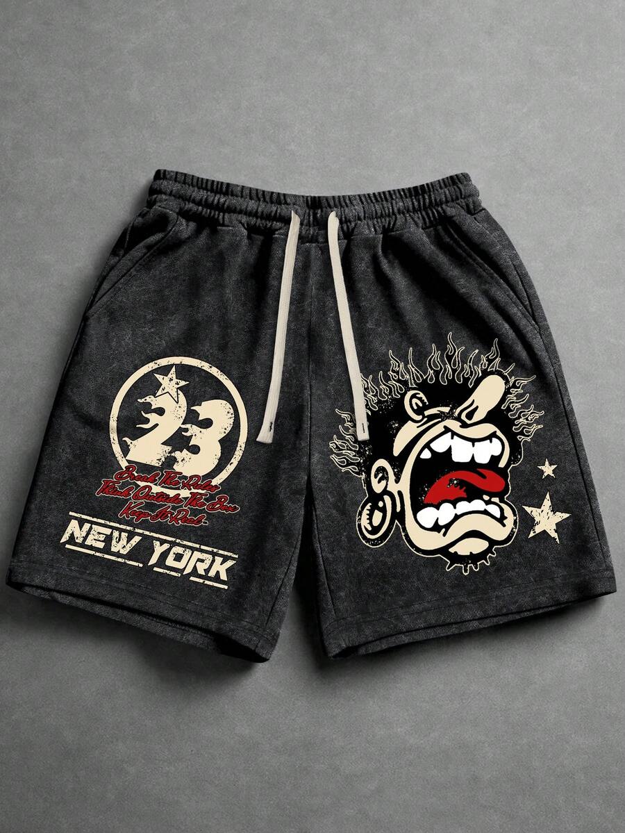 Manfinity EMRG 男士夸张肖像及23号纽约标语印花休闲运动抽绳短裤