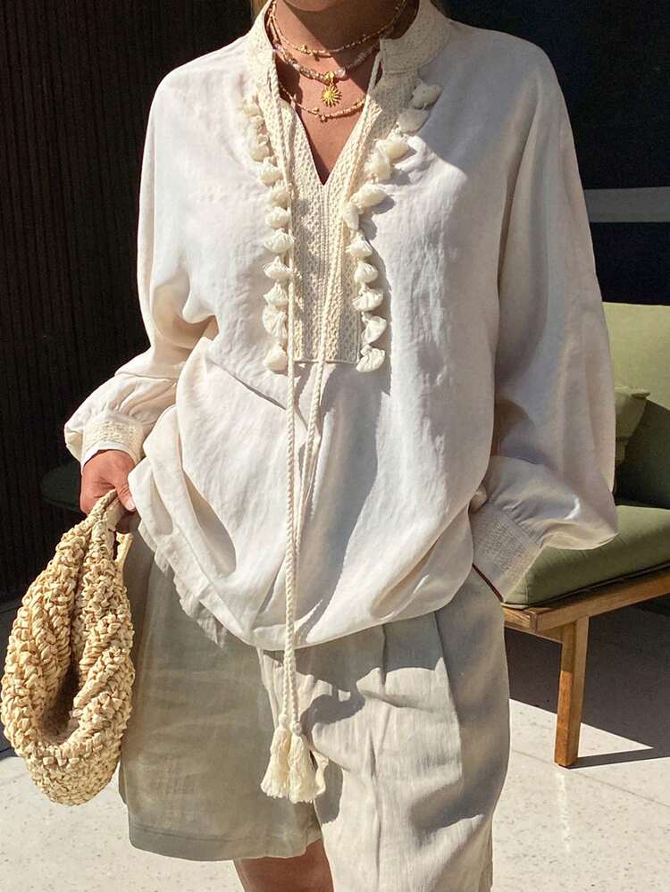 Women's Solid Color Patchwork Lace Tassel Tie Loose Long Sleeve Pullover Elegant Vacation Blouse, Spring/Autumn
