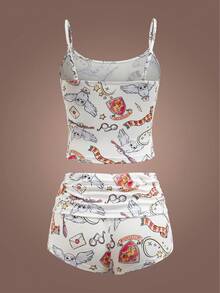 HARRY POTTER X SHEIN Women's Comfortable Owl Print Cami Top And Shorts Pajama Set, Summer Pajama Shorts Set Women Women's Pajamas Shorts Set Lingerie Sleep Set Pajama Set Sexy Sexy Pj Sets For Women Lingerie Pajamas Set - White - View 2
