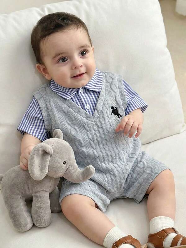 SHEIN Newborn Baby Boy/Girl Colorblock Blue Striped Short Sleeve Knit Romper, Comfortable Versatile Stylish Casual Outfit Suitable For Indoor, Outdoor, Daily, Sports, Play, Party, Photo Shoot, Holiday