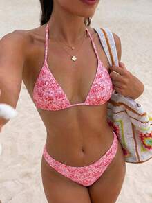 Swim Mod Summer Beach Women's Floral Print Halter Neck Bikini Set Valentine - Red - View 1