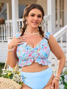 Swim Mod 大码女式数码印花可爱甜美荷叶边泳衣上装 - 藍色 - 查看 1