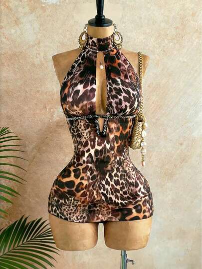 INAWLY 女士性感豹纹拼接串珠吊带露背系带迷你连衣裙，适合海滩和度假