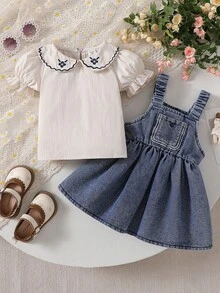 SHEIN Vintaside Kids Bộ váy yếm denim và áo sơ mi ngắn tay cho bé gái, màu đào, tay phồng, thêu hoa, họa tiết sóng nhẹ, dáng chữ A rộng rãi, cổ áo Peter Pan. - Nhiều màu - Xem 10