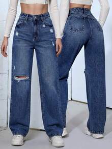 Pantalón femenino casual tipo jeans  de tiro alto con rotos y efecto lavado ajuste regular sin cuello sin mangas primavera verano uso diario pantalón - Azul 2 - Ver 1