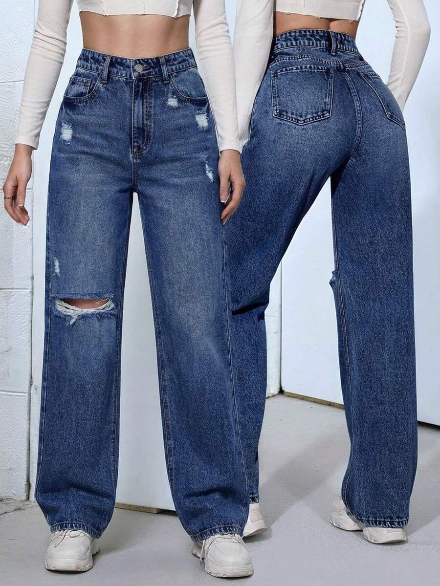 Pantalón femenino casual tipo jeans  de tiro alto con rotos y efecto lavado ajuste regular sin cuello sin mangas primavera verano uso diario pantalón - Azul 2 - Ver 1