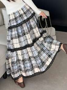 DAZY Women's Retro Plaid Lace Patchwork A-Line High Waist Skirt - Multicolor - View 2
