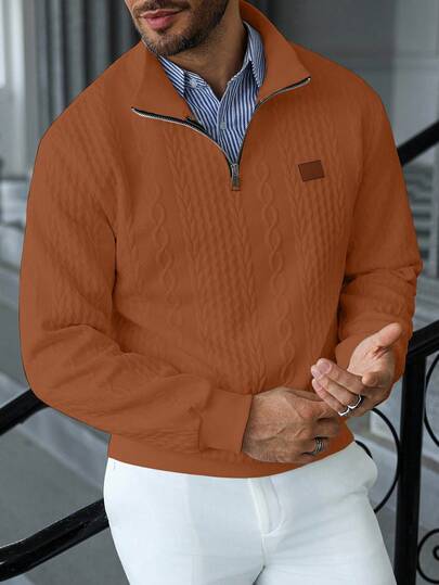 Manfinity CasualCool Men's Casual Solid Color Textured Zip-Up Stand Collar Sweatshirt,Men's Autumn New Solid White Minimalist Casual Zippered Pullover Sweatshirt,Outfit For Men,Versatile Items For Daily Commuting, Travel,