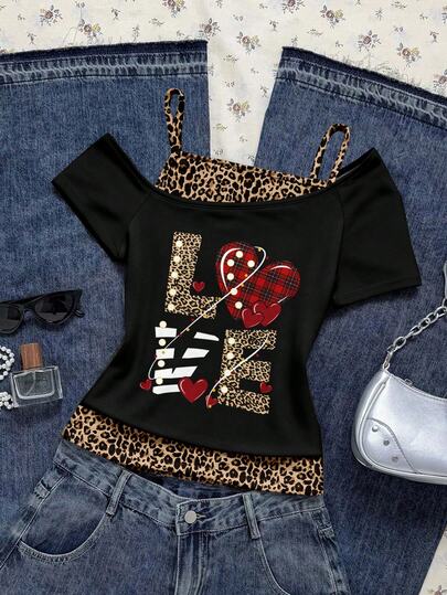 Attitoon Women's Casual Retro Contrast Color Asymmetrical Neckline Fitted Short Sleeve T-Shirt, Y2K Style, Leopard Print, Love Print, Grunge