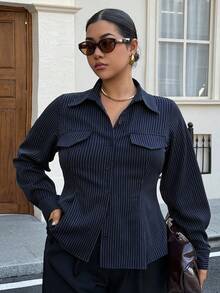 Dazy Plus 时尚条纹翻领长袖紧身短款开衫衬衫，春夏款 - 藏蓝色 - 查看 1