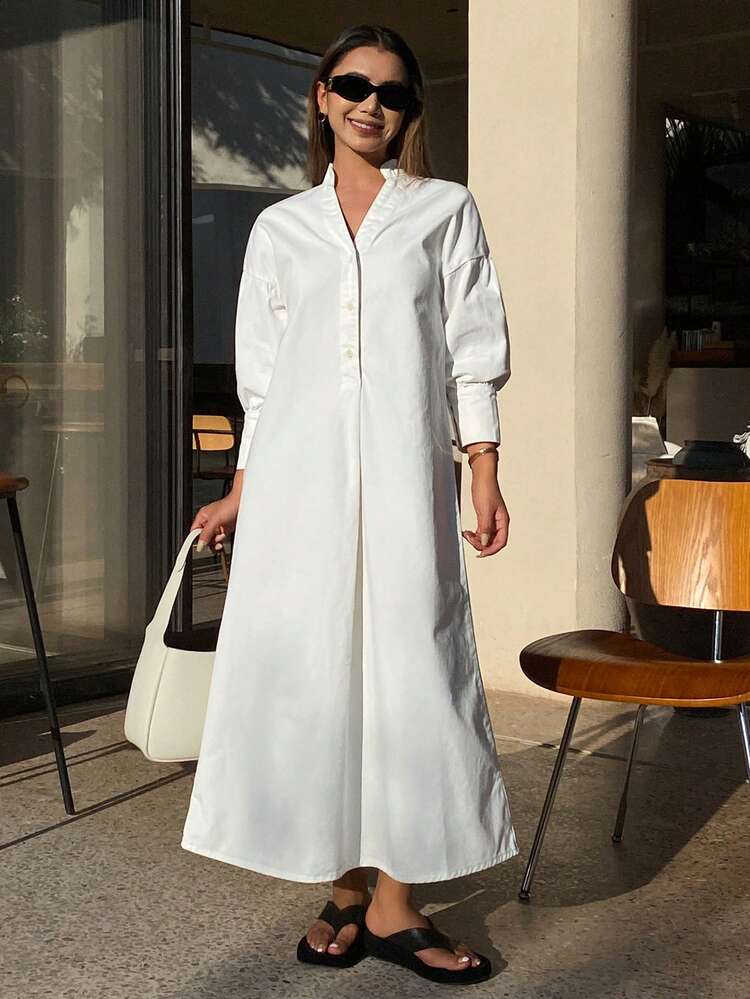 Women's Mandarin Collar Long Sleeve Open Front Casual Denim Dress