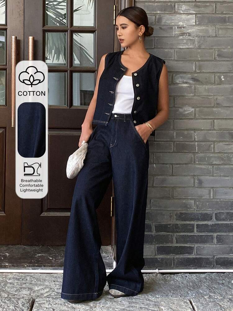 Women Tall Size Round Neck Open Front Denim Vest And Straight Leg Jeans Casual Suit