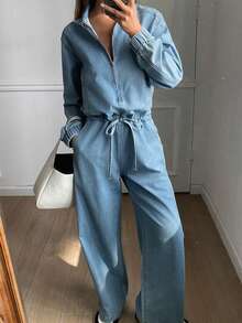 DAZY Women's Lapel Half-Zip Waist Tie Loose Straight Leg Jeans Jumpsuit & Overalls - Medium Wash - View 2