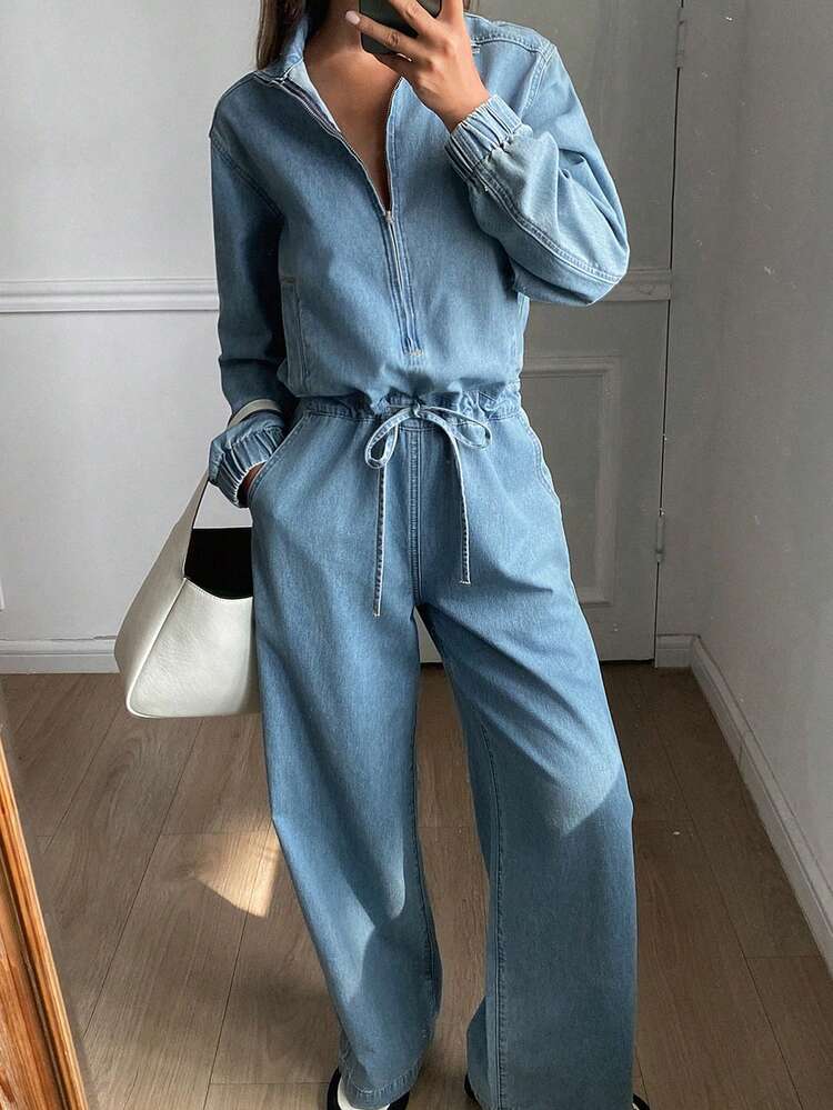 Women's Lapel Half-Zip Waist Tie Loose Straight Leg Jeans Jumpsuit & Overalls