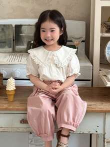 DAZY Toddler Girls' Korean Style Ruffle Trim Casual Puff Sleeve Solid Color Blouse - White - View 7