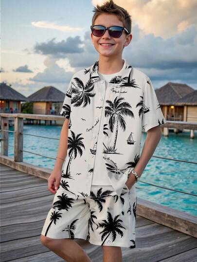 SHEIN 2pcs/Set Casual Floral Print Shirt And Shorts Set For Teen Boys, Suitable For Commuting, School, Daily Casual, Sports, Beach Vacation, Summer Holiday, Festivals