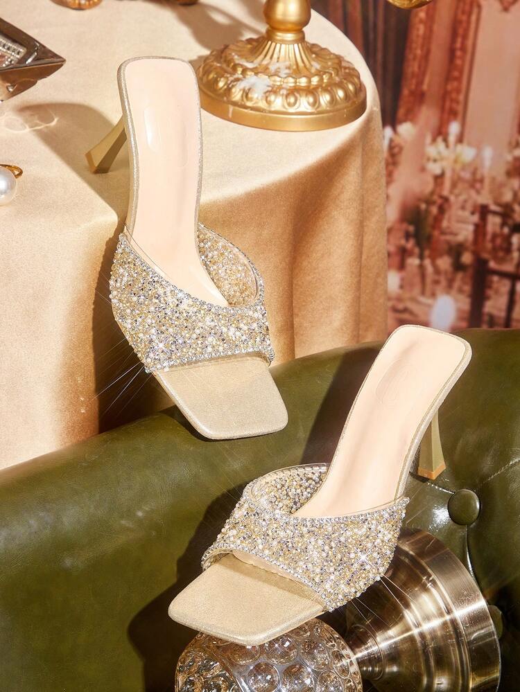 CUCCOO TILAWA Fashionable Pointed Toe Thin High Heel Orange Full Rhinestone Transparent Jelly Slip-On Rhinestone Embellished Sexy Party Stilettos, Sandals For Women Valentine's Day Summer Shoes