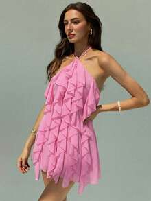 Aloruh Đầm mini ôm sát người kiểu Bohemian dành cho nữ, màu hồng lãng mạn, xếp ly, cổ yếm buộc dây, thích hợp cho kỳ nghỉ biển, những buổi hẹn hò sang trọng, tiệc trà chiều, lễ hội âm nhạc. - Hồng - Xem 7