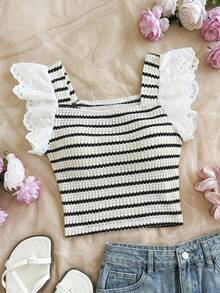 SHEIN 女童休闲可爱蝴蝶印花蕾丝边吊带背心，白色和粉色 - 白色 - 查看 1