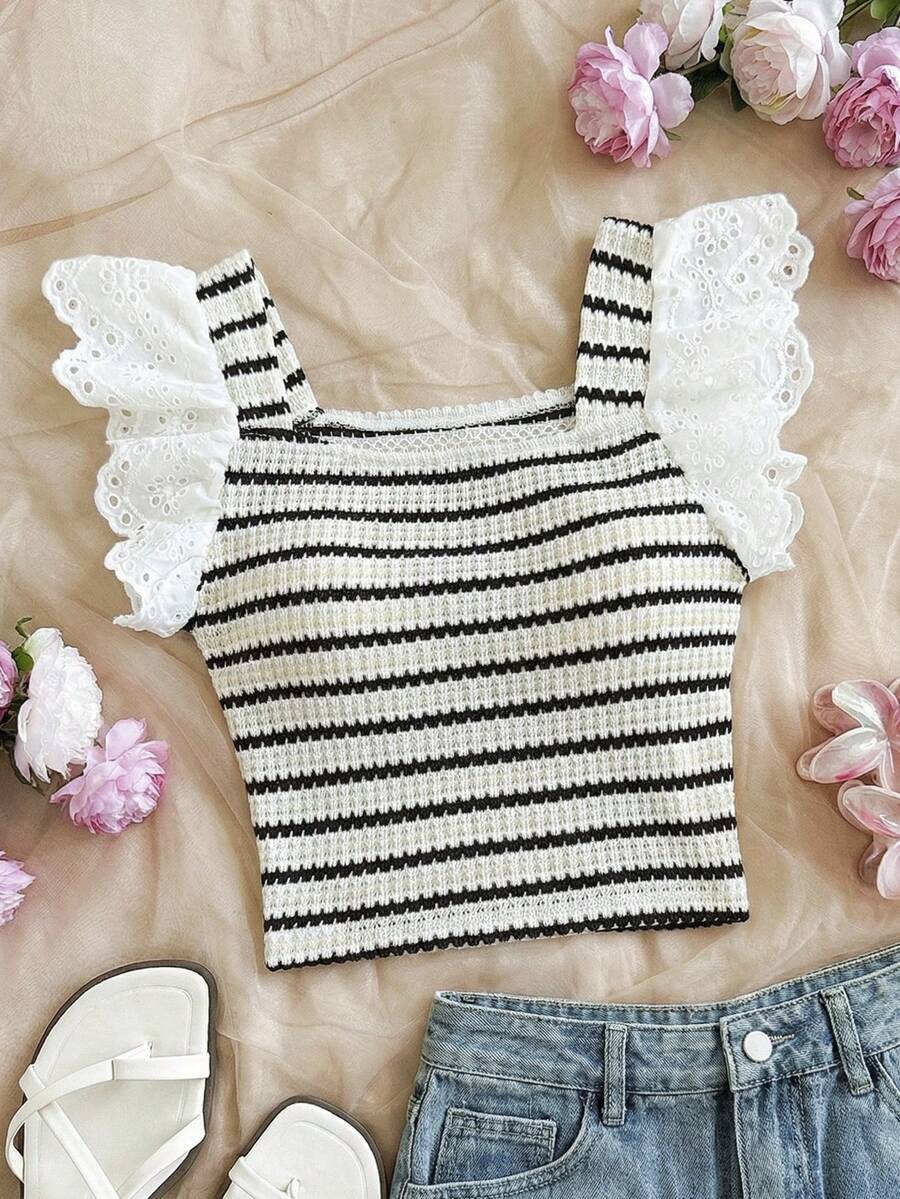 SHEIN 女童休闲可爱蝴蝶印花蕾丝边吊带背心，白色和粉色 - 白色 - 查看 1