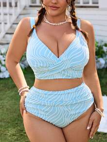 Swim Mod Elegant Plus Size Knitted Fabric Textured Multicolor Long Plunge Neck High Waist Bikini - Multicolor - View 3
