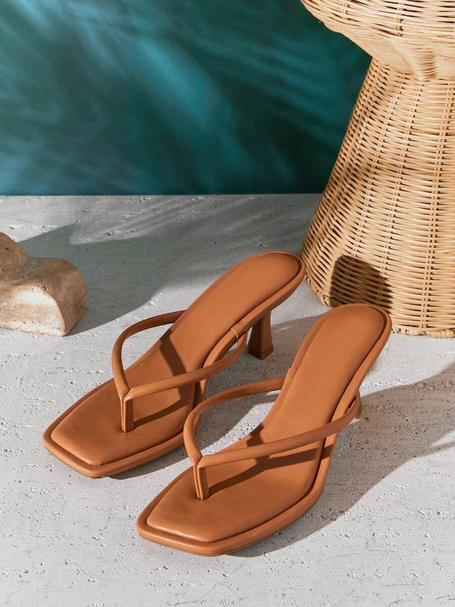 SHUZIA #MinimalistChic Women's Faux Leather Tan Rolled-Edge Strap Square Toe Low-Heel Flip-Flop Sandals – Clean,Refined, Elegant & Comfortable - Maroon - View 1