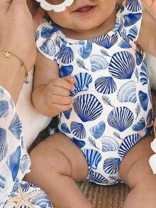 SHEIN Baby Mädchen Muschel Muster Lässig Minimalist Figurbetonter Einteiler Badeanzug, geeignet für Sommer Strand, Urlaub und Fotoshootings - Verschiedenfarbig - Übersicht 6