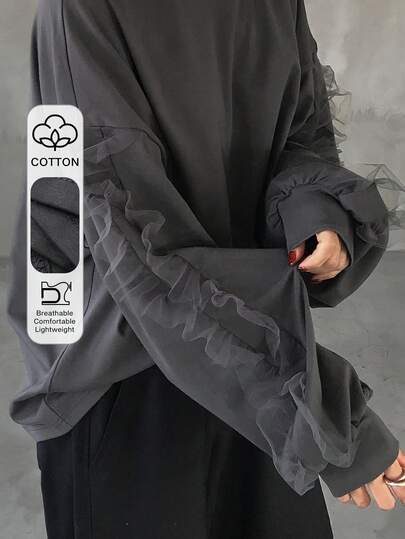 FRIFUL Women's Round Neck Long Sleeve T-Shirt With Mesh Splice Loose Cuff Hem Solid Color