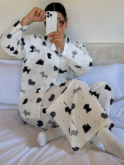 Dazy Plus 两件套卡通碎花宽松睡衣套装，包含长款上衣和长裤，春夏款