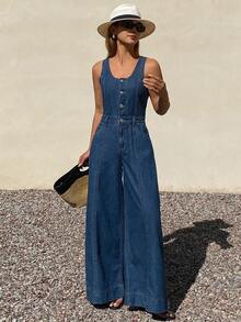 DAZY Women's Sleeveless Adjustable Strap Loose Straight Leg Casual Denim Jumpsuit Vacation