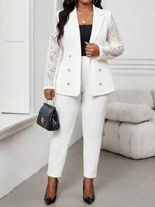 SHEIN Lady Bộ vest nữ cỡ lớn, cổ chữ V, hai hàng cúc, phối ren, gồm áo khoác và quần, thích hợp mặc đi làm. - trắng - Xem 6