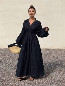 Livesso Women's V-Neck Ruched Waist Puff Sleeve Denim Dress - Blue - View 7