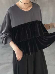 FRIFUL Colorblock Round Neck Drop Shoulder Long Sleeve Layered Velvet Fabric Loose Casual Versatile T-Shirt - Black - View 8
