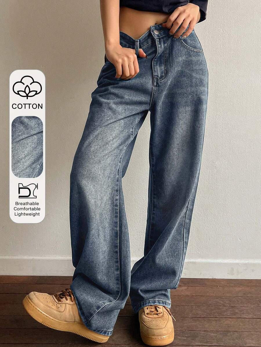 宽松长款复古水洗蓝色阔腿牛仔裤，Y2K风格女款 - 藍色 - 查看 1