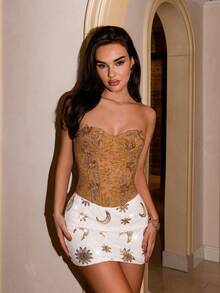 Glamine 女士夏季新款时尚派对波西米亚度假亮片月亮植物印花紧身迷你裙 - 白色 - 查看 2