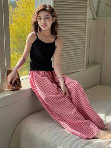 DAZY Tween Girl Solid Color Camisole And Plaid Wide Leg Pants Pajama Set Summer - Black - View 7