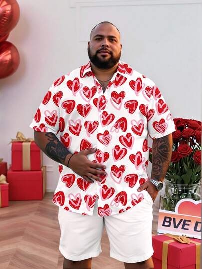 Manfinity Homme Manfinity Men Fashionable Casual Valentine's Day Graffiti Heart Print Pattern Men's Plus Size Fitted Regular Fit Short Sleeve Button-Down Shirt, Suitable For Couples Dating And Gatherings, Great Gift